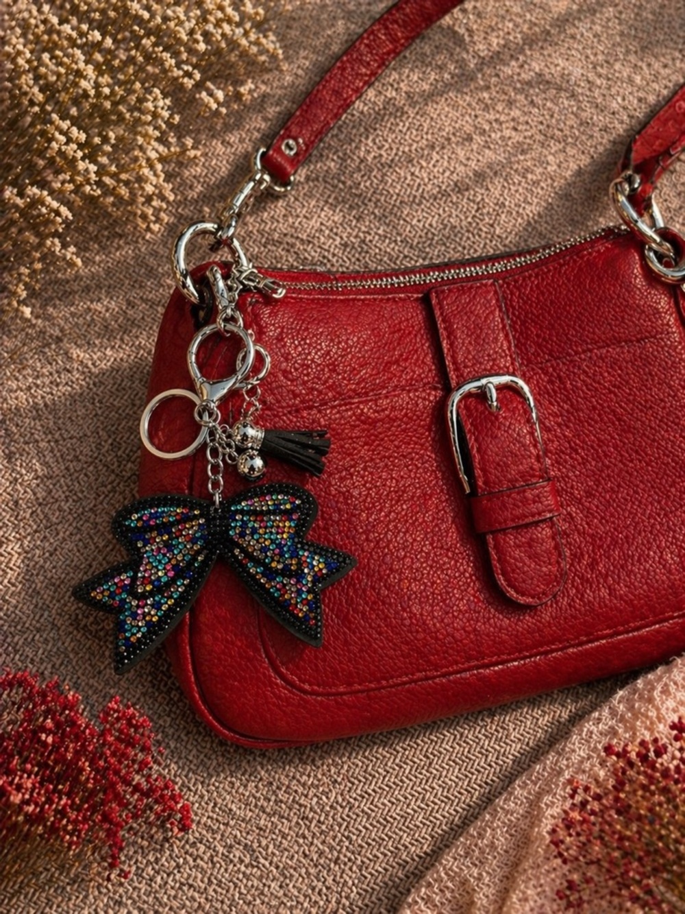 Black Bow Keychain with Multicolored Rhinestones NWT - Picture 3 of 5
